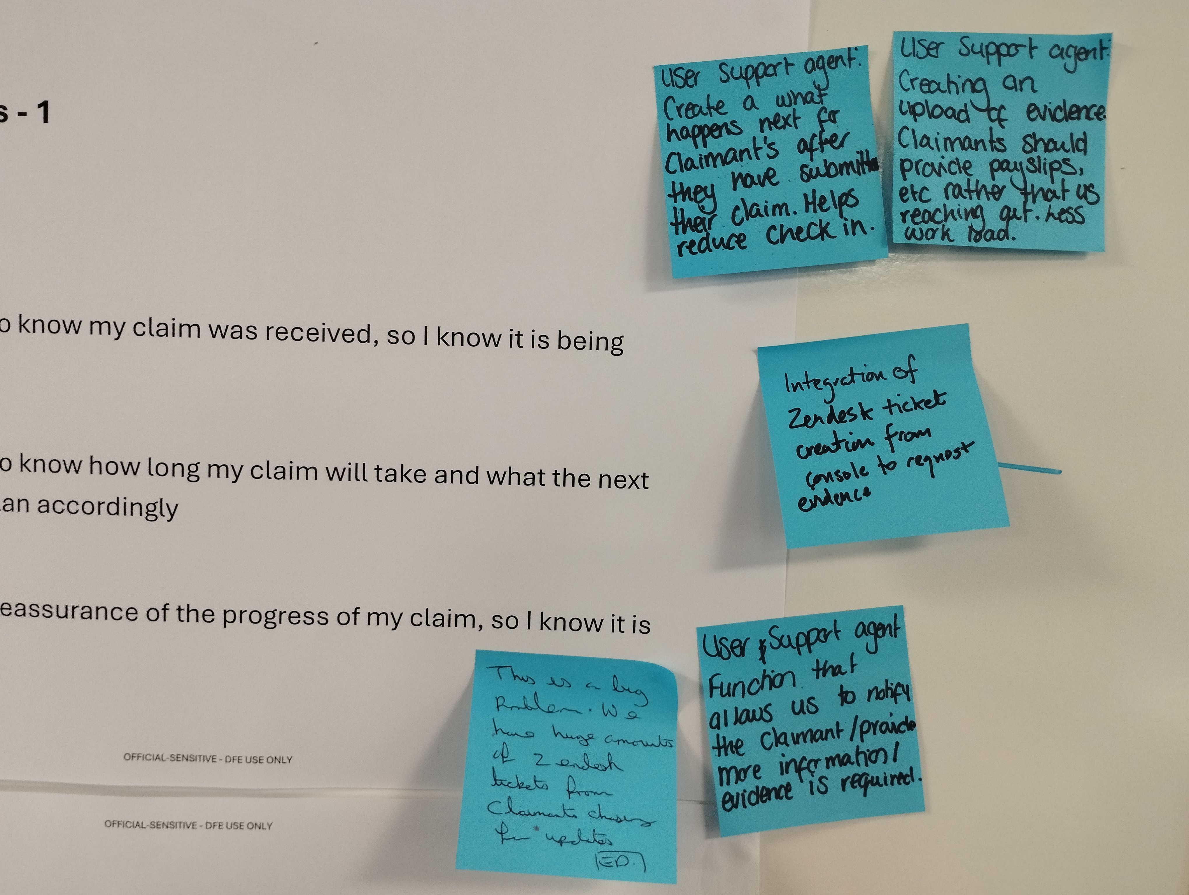 A picture of post-it notes on a board with notes suggesting improvements on the admin site from an in person away day
