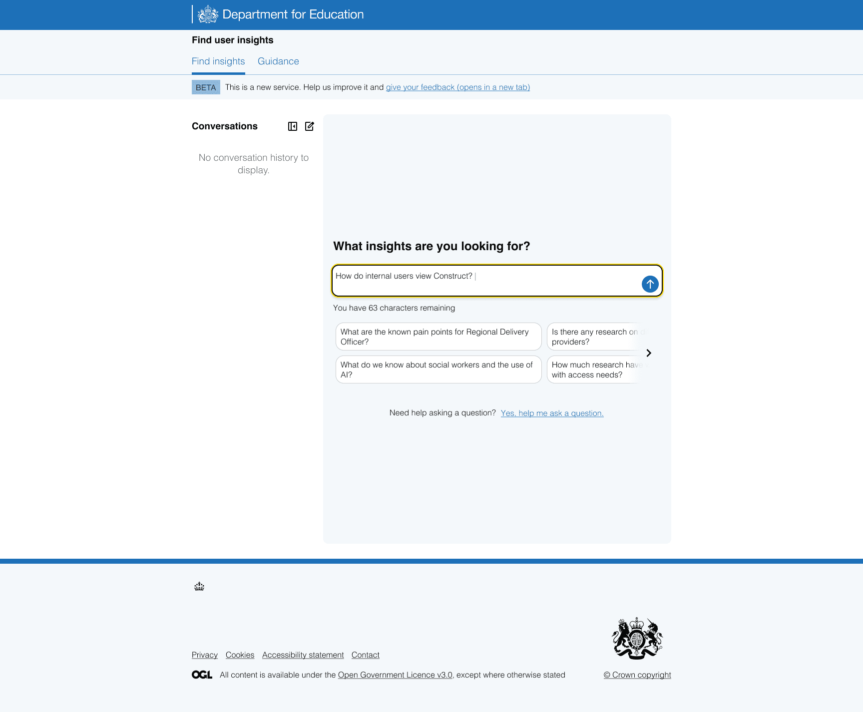 The chat interface with a collapsible history panel and a carousel of prompt suggestions