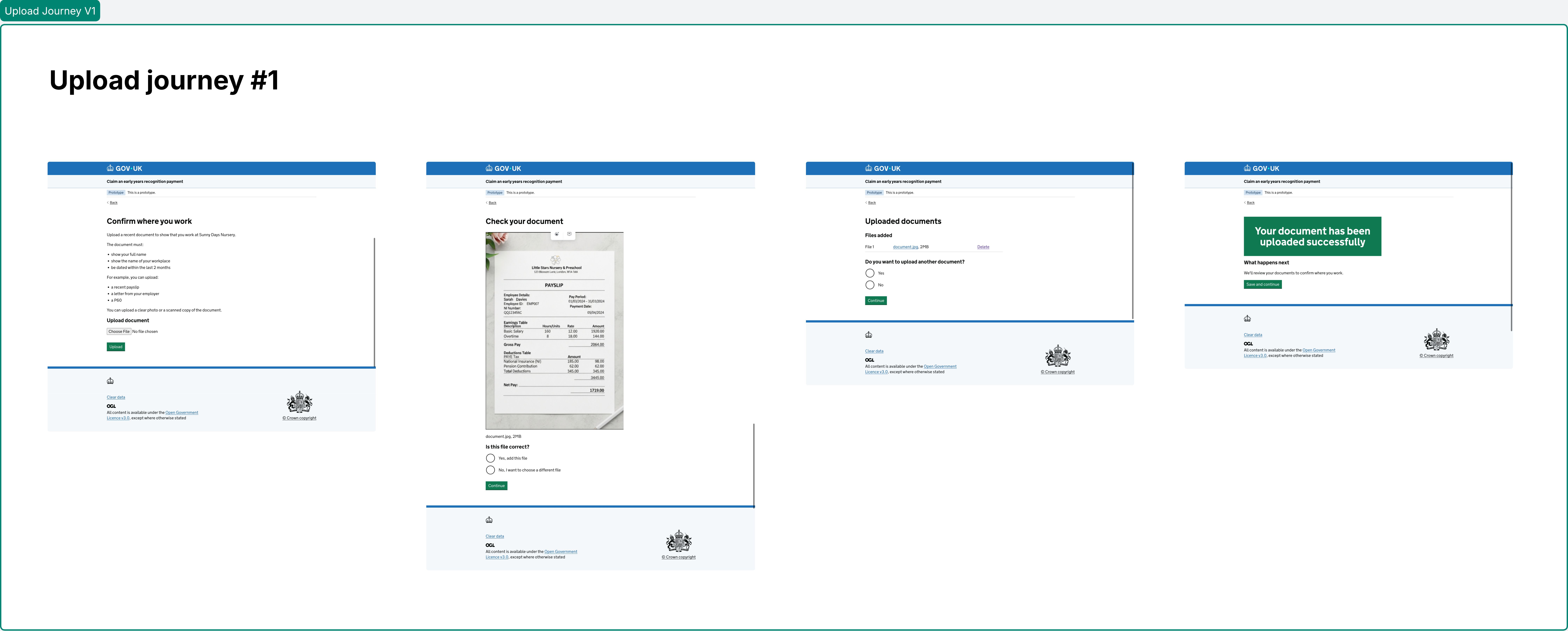 a screenshot of 4 pages in a user journey showing the original upload documents flow