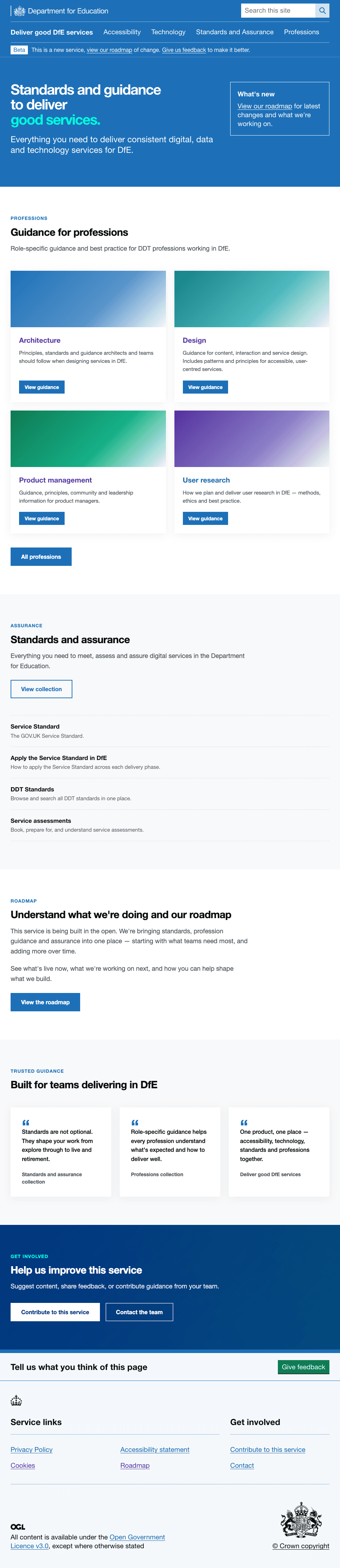 Homepage for Deliver good DfE service, with top navigation of accessibility, technology, standards and assurance and profession guidance tabs
