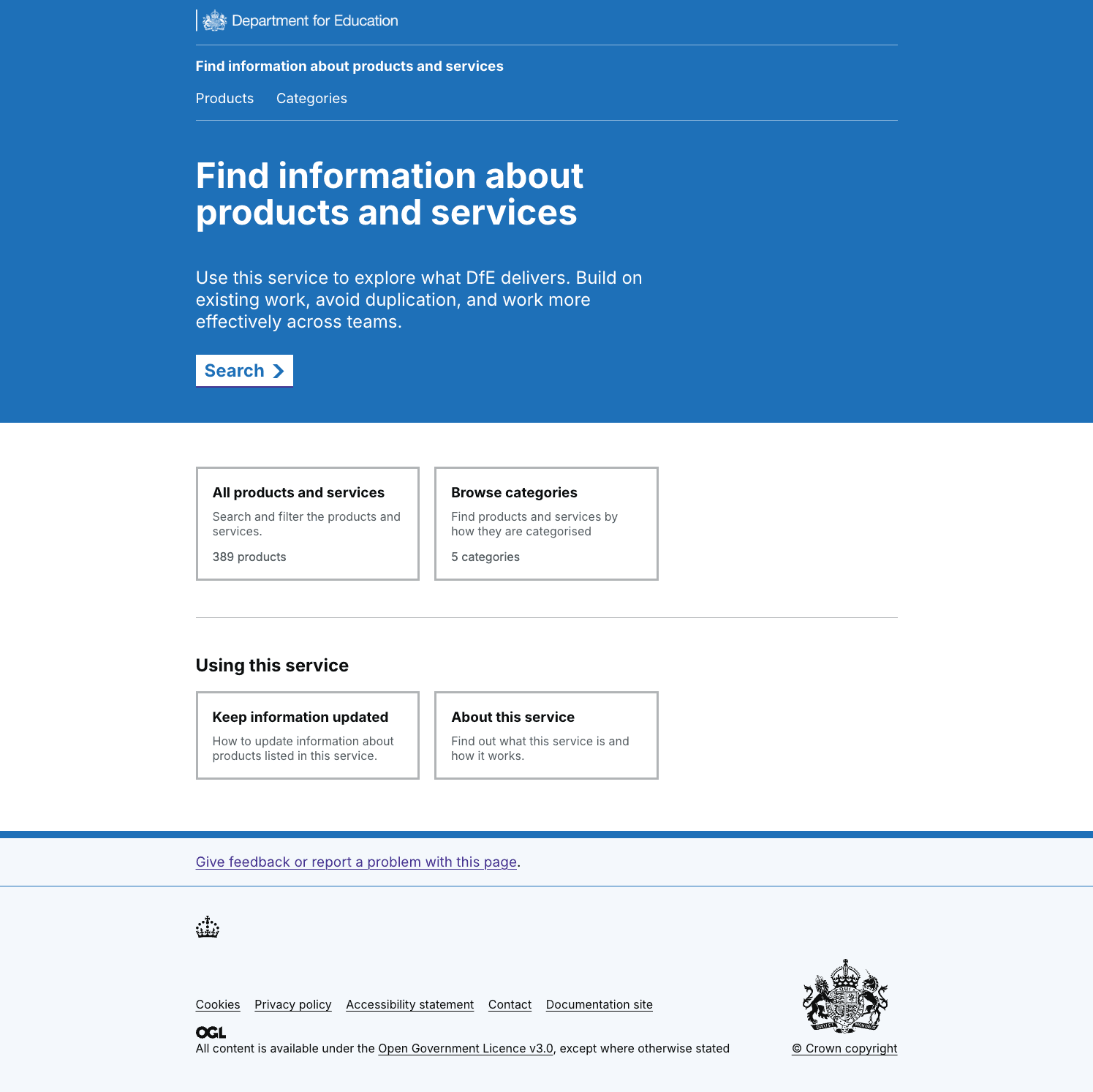 Homepage for FIPS with options for users to search, update or find out about the service