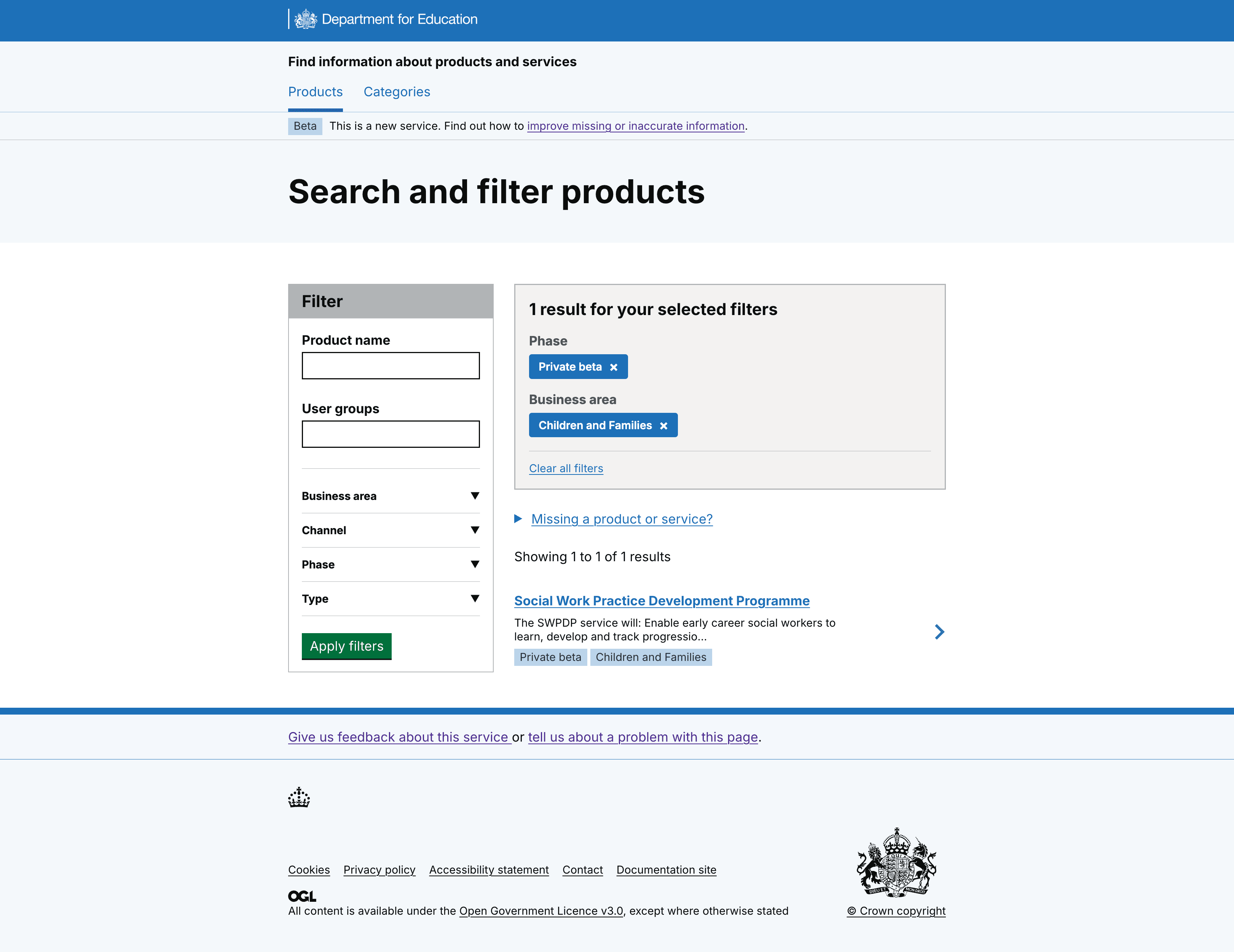 Screengrab showing search results using AND rather than OR functionality. Shows search and filter for services in children and families portfolio and in private beta, showing 1 service in the results