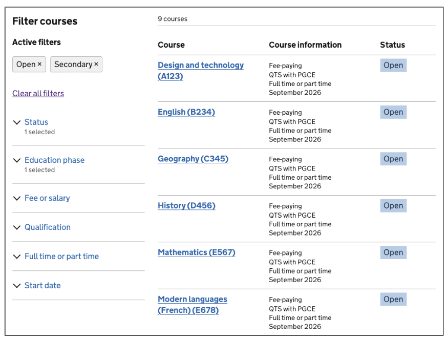 New course list