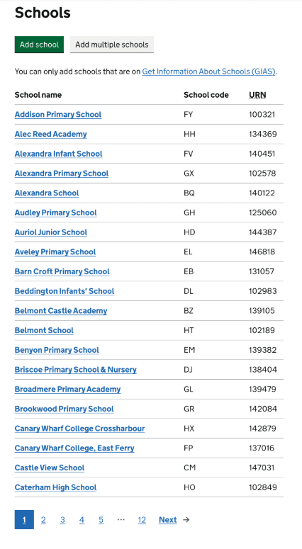 Schools list on Publish before changes