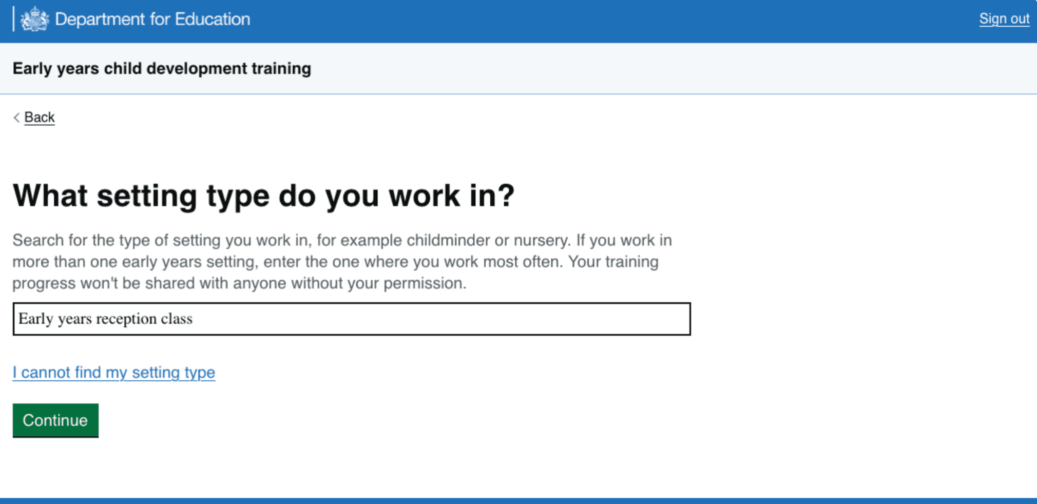 Screenshot of original setting type question