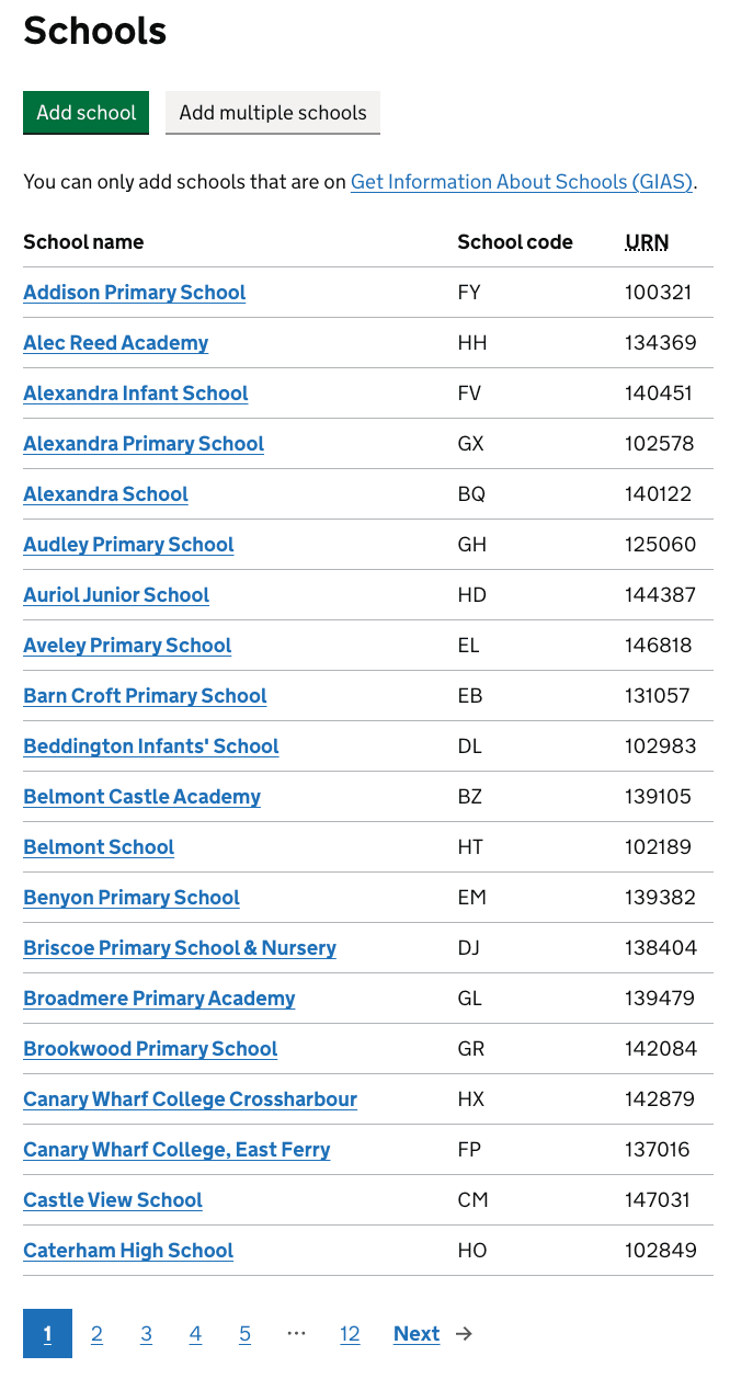 Schools list on Publish before changes
