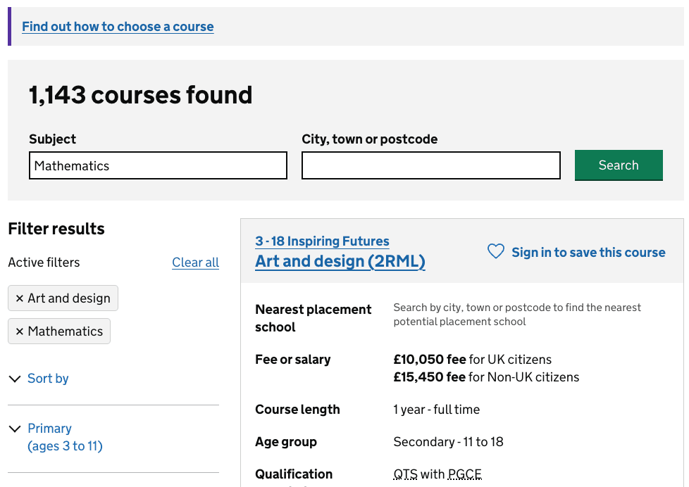 Live site showing the search results with a search for two subjects, showing the usability issues with the current design
