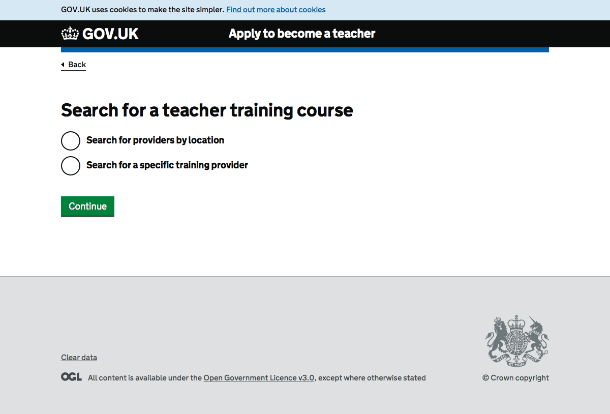 Screenshot of the course your search page of Find teacher training courses