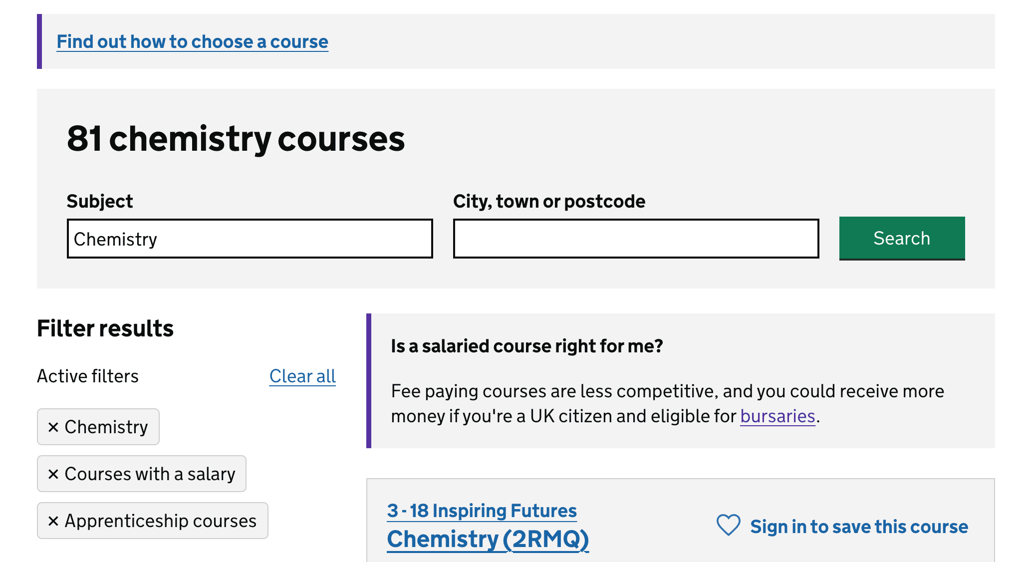 Search results for chemistry, filtered by salaried and apprenticeship courses, with a callout about fee-paying courses above the results