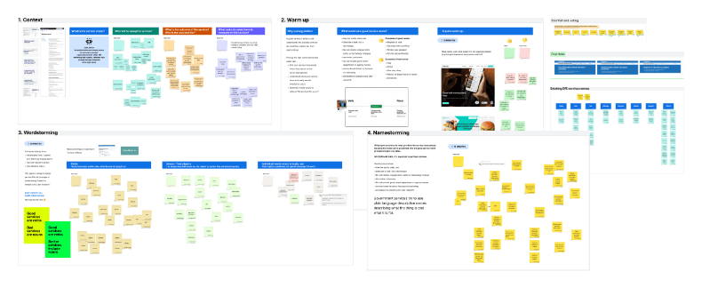Small screenshots from the service naming workshops LucidSpark whiteboards showing lots of notes and sticky notes.